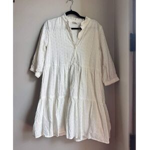 ONLY Pigalle White Eyelet 3/4 Sleeve Tiered Mini Dress M Cottagecore Cotton Boho